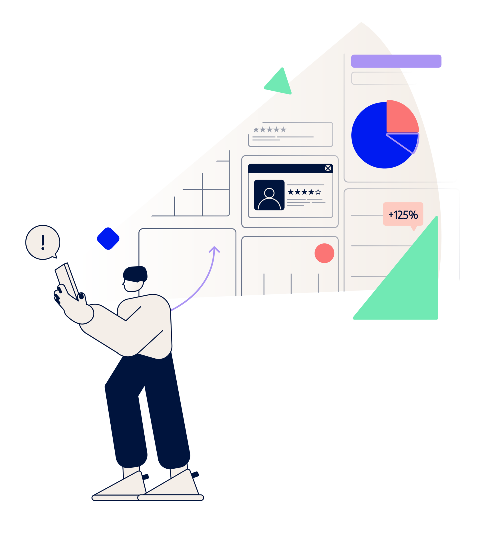 Character using cell phone, next to it, the representation of what he is doing: interacting with our Stars and Stories content analysis platform.