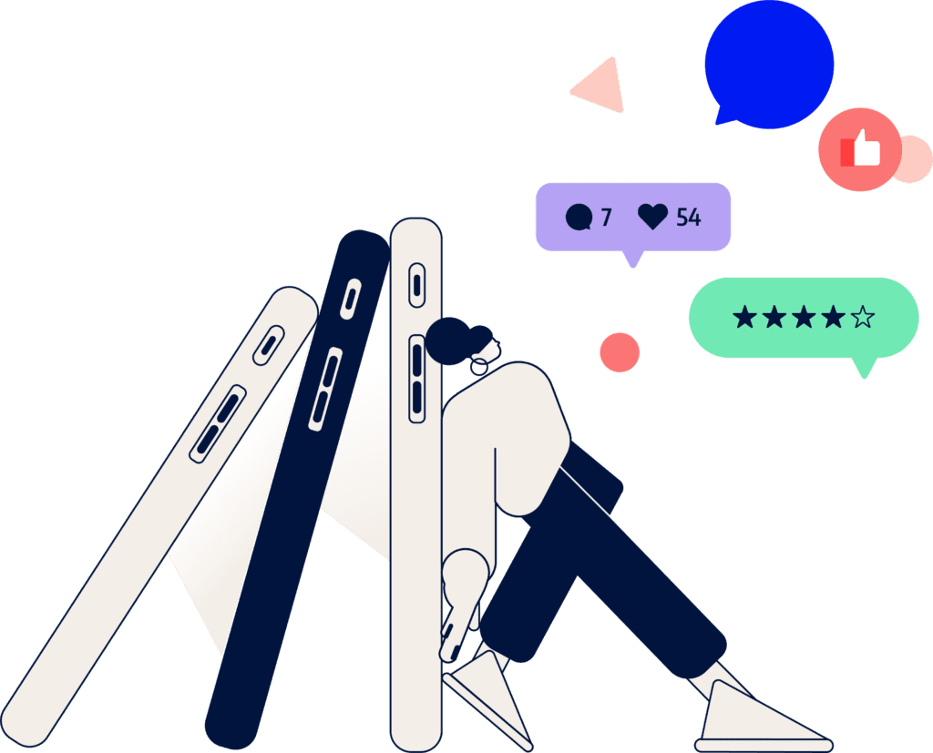 Character leaning his back on some telephone devices. Graphs representing ratings and reviews, images referring to comments and likes appear on the right-hand side.