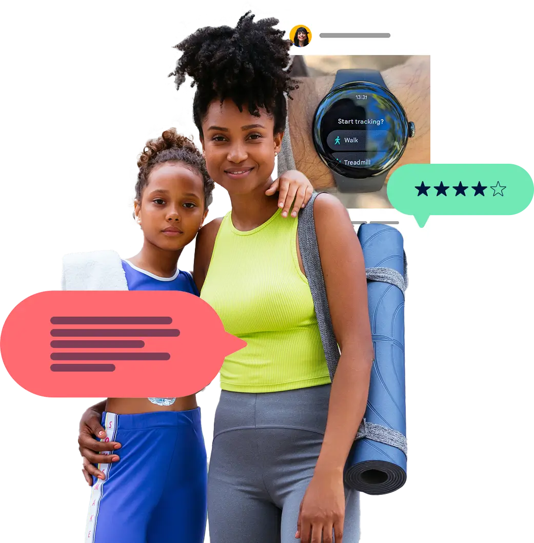 Mosaic with image of post about watch and woman with yoga accessories hugging a child. Elements, representing User generated content in the form of ratings and reviews, appear around it.